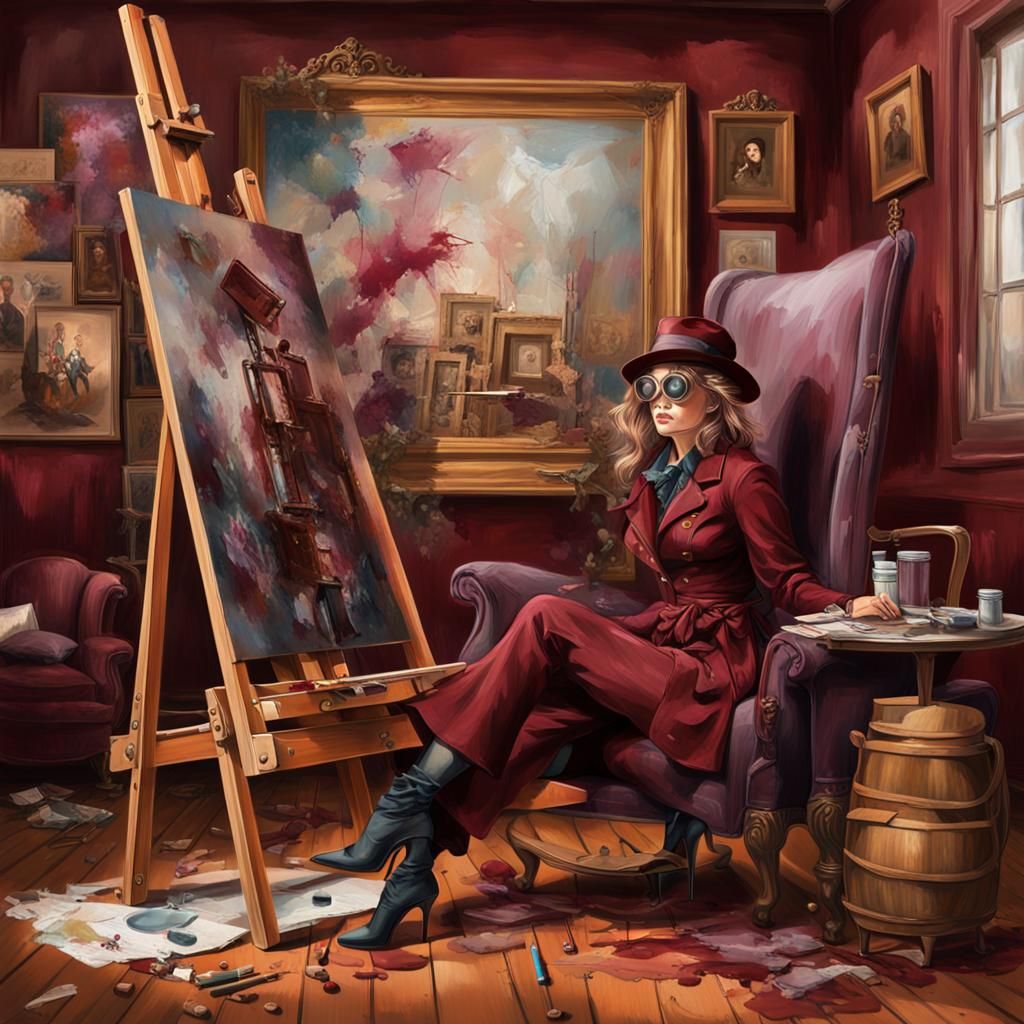 Steampunk Girl Leaning Out of Canvas in 3D Render
