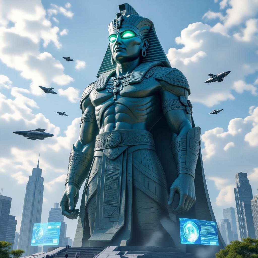 Statue of an Ancient Alien Deity guards Futuristic City