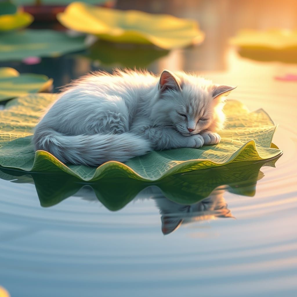 Dreamy Cat on Moonlit Water Lily Leaf
