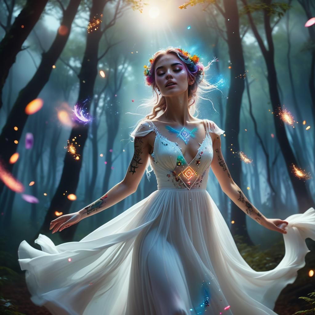 Woman in Moonlit Forest with Magic, Digital Art