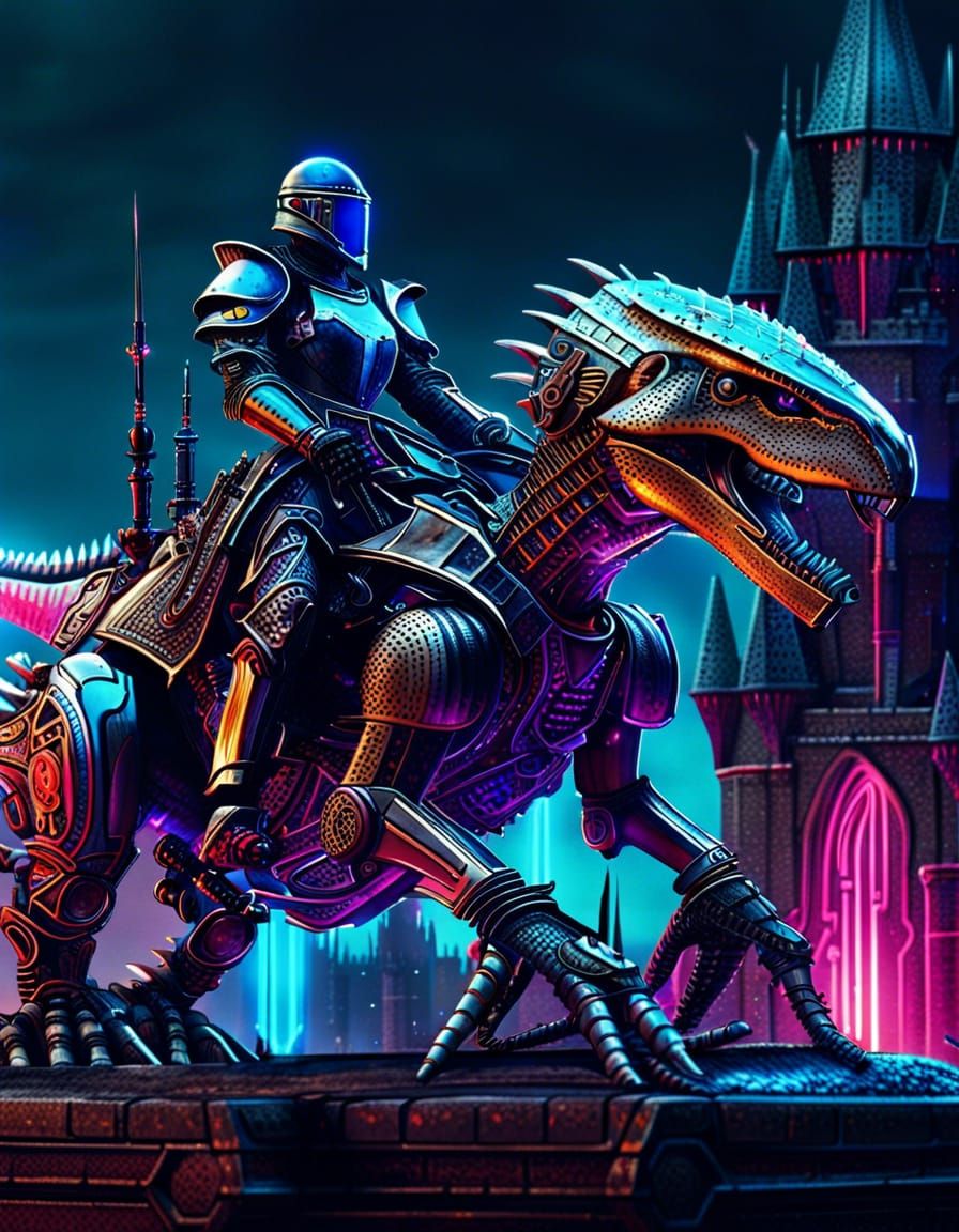 Knight on Mechanical Dinosaur in Cyberpunk Castle