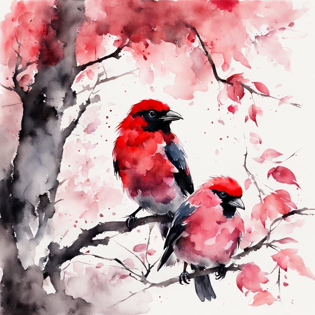 Vibrant Watercolor Birds Perched on a Pink-Tinted Tree
