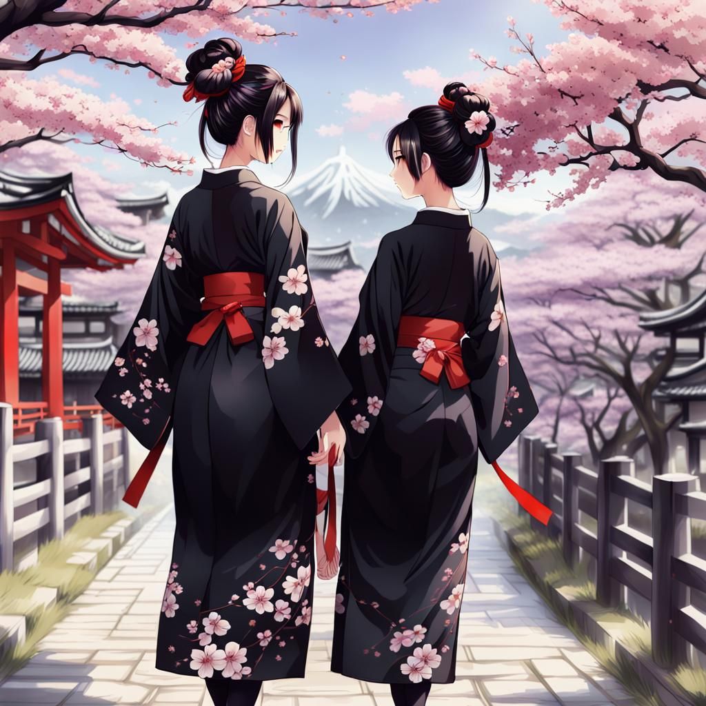 2 Japanese girls in black kimono