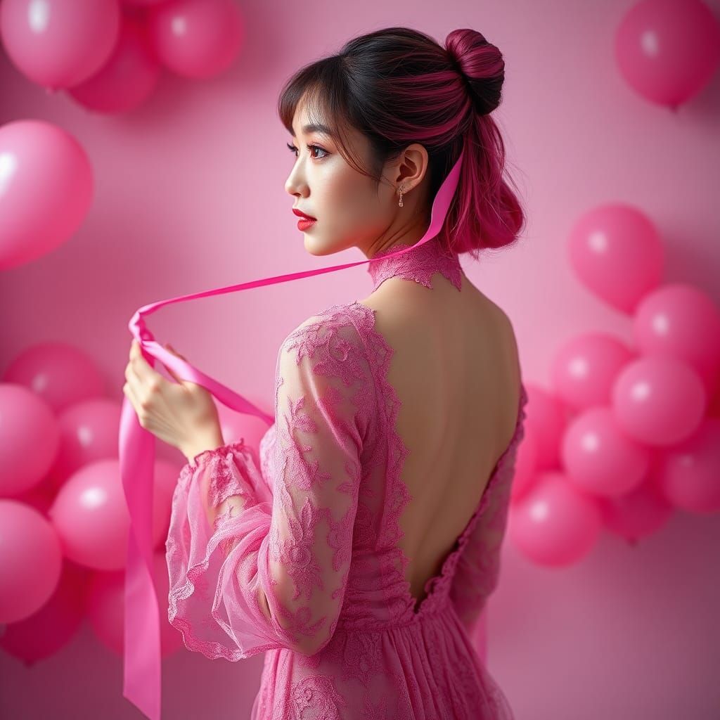 High Fashion Japanese Woman in Pink Lace Gown