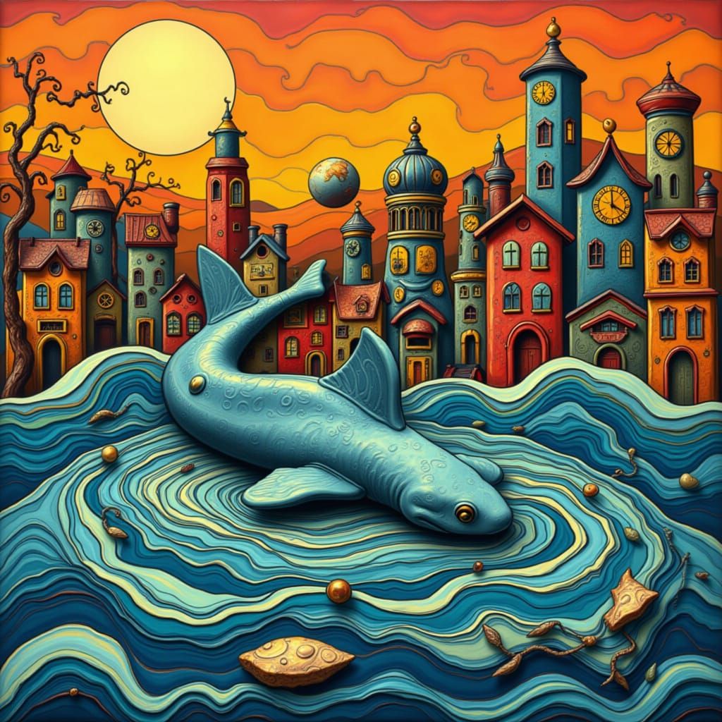 Pop Art Shark Swims Through Abstract Cityscape