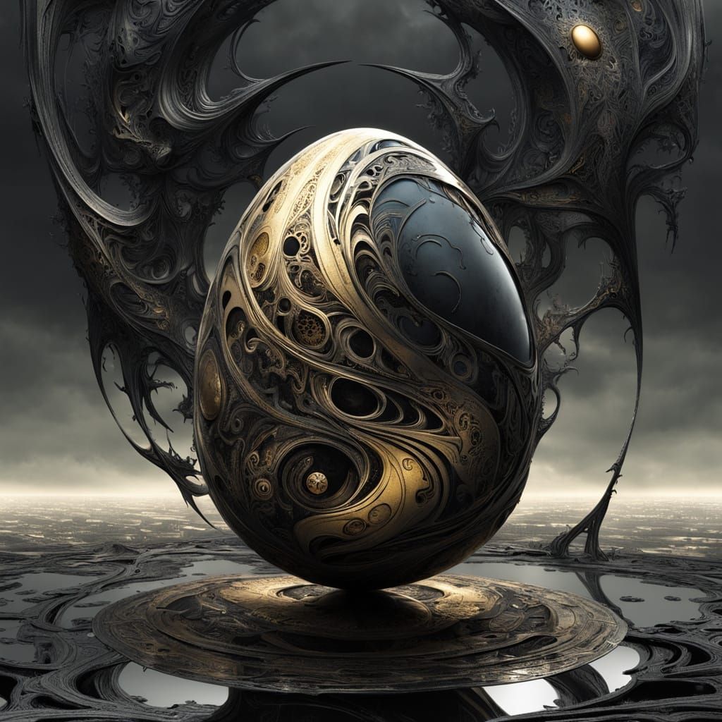 Egg of Metallic Beauty in Black Void