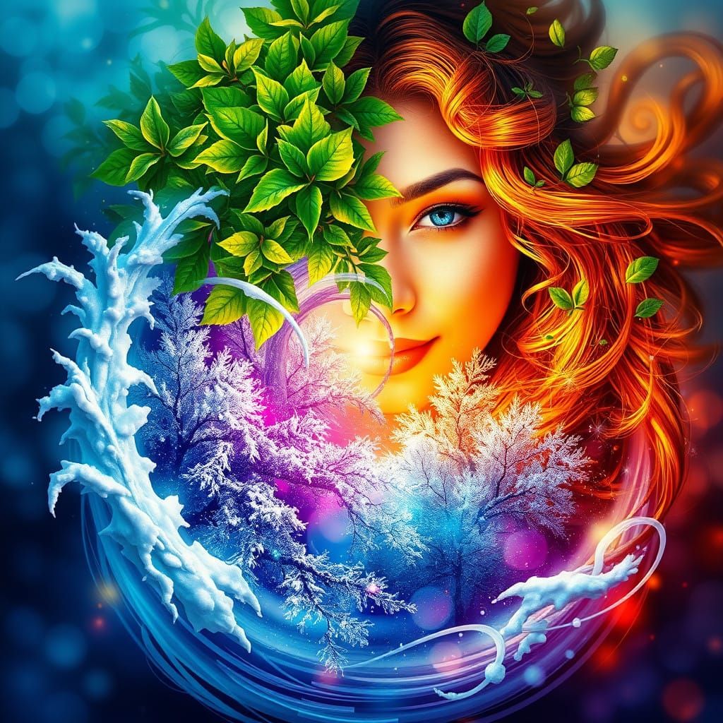 Ethereal Balance of Opposing Seasons in Vibrant Hyperrealist...