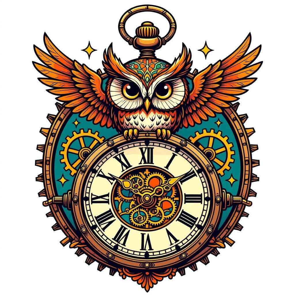 Steampunk Owl on Pocket Watch Tattoo Design