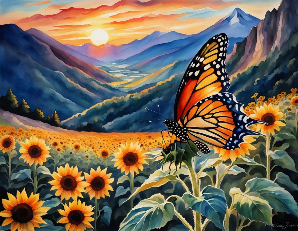Sunflower and Butterfly Watercolor at Sunset