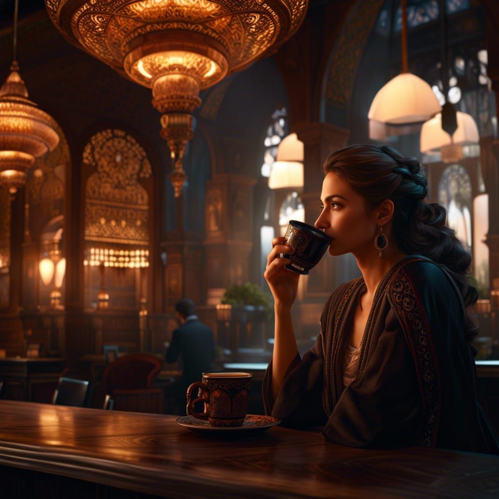 Girl Drinking Coffee in Damascus, Art Nouveau Style