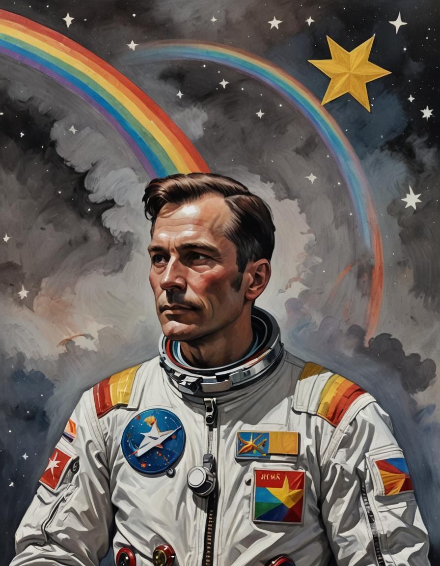 Art by Aleksandr Deineka, a Soviet astronaut in a historic space uniform, badges and a discreet rainbow star on their ch...