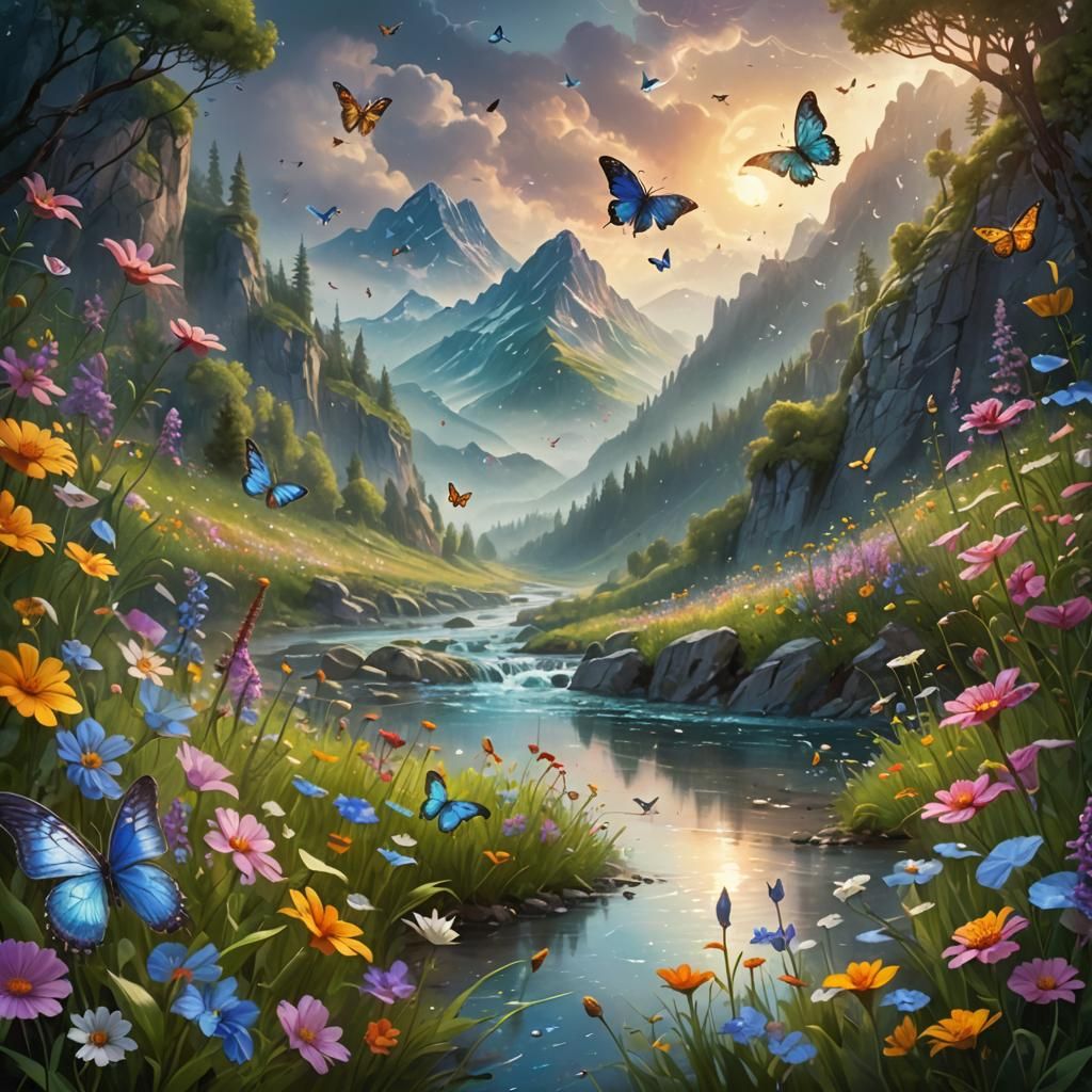 Fantasy Landscape with Wildflowers and Butterflies