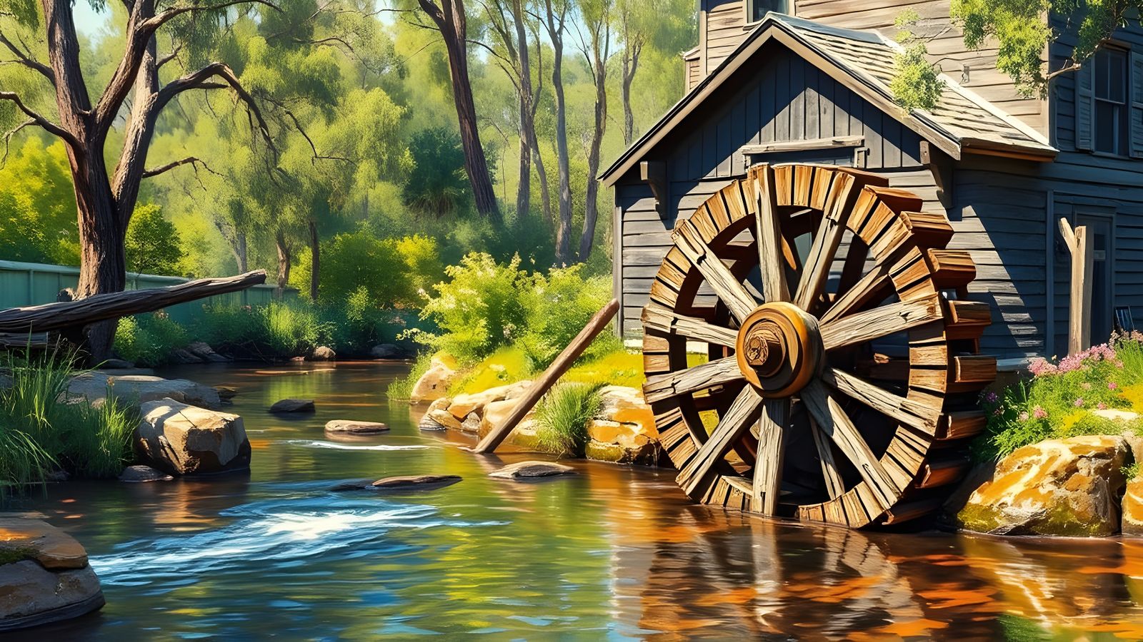 Impressionist Waterwheel in 19th-Century Australian Landscap...
