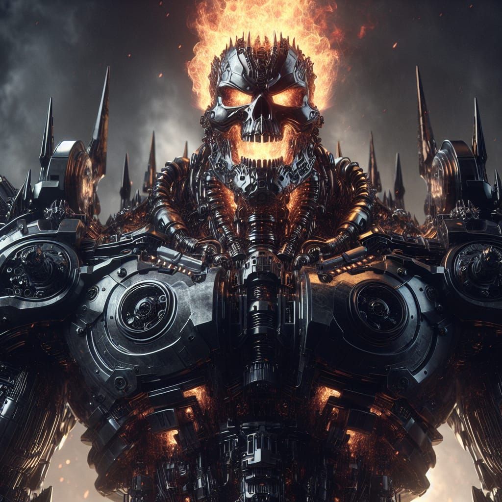 Flaming Skull Robot Overlord in Futuristic Setting