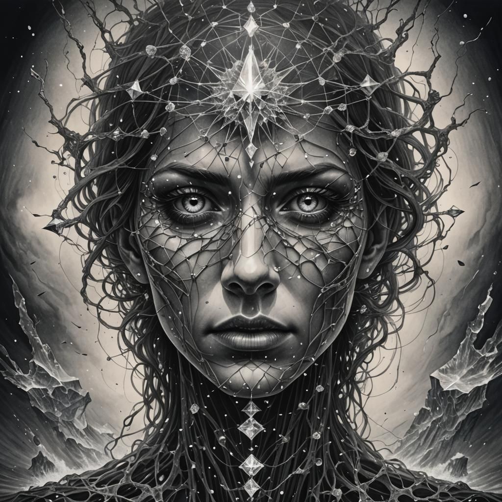 Detailed Pencil Drawing: Eyes and Crystal Ocean