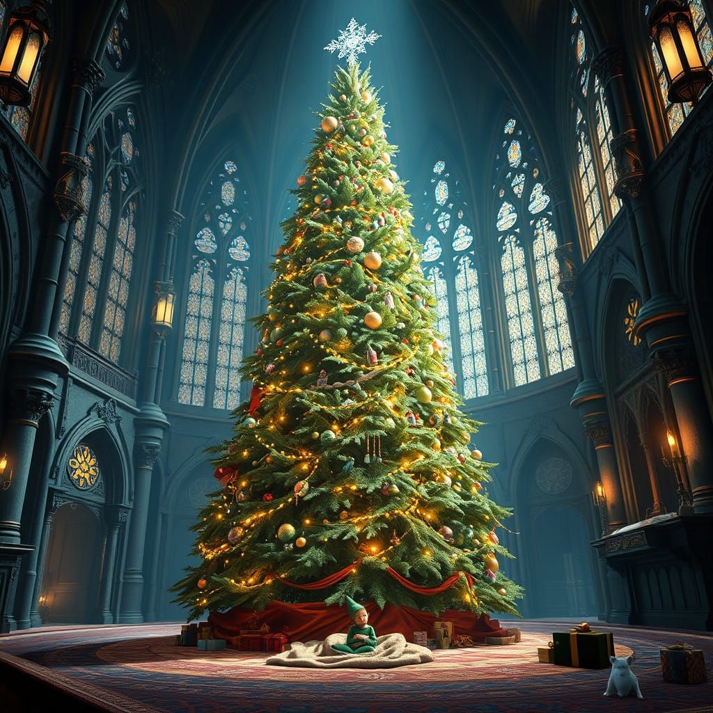 Majestic Christmas Tree in Grand Castle with Slumbering Elf