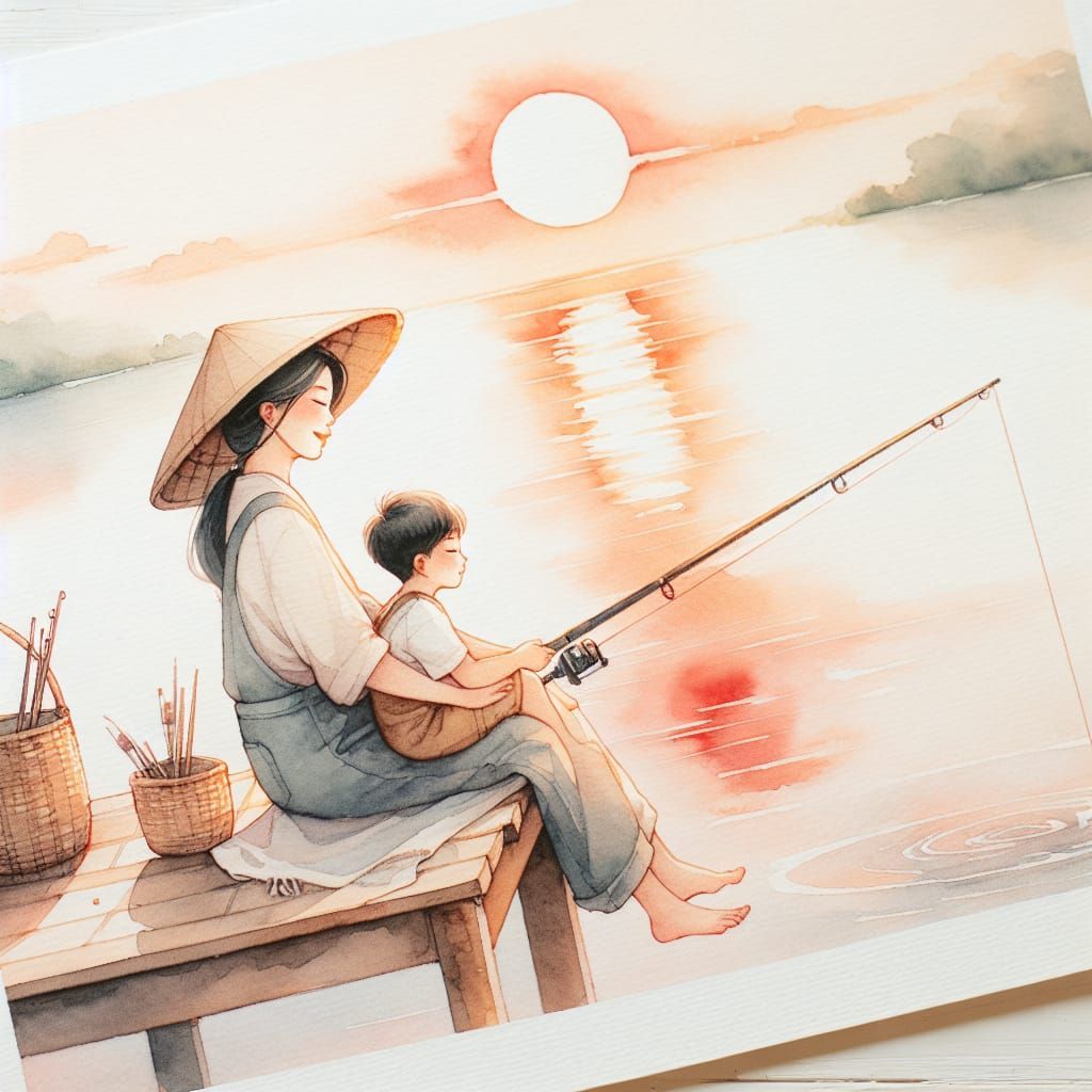 Watercolor Sunset: Mother and Son Fishing