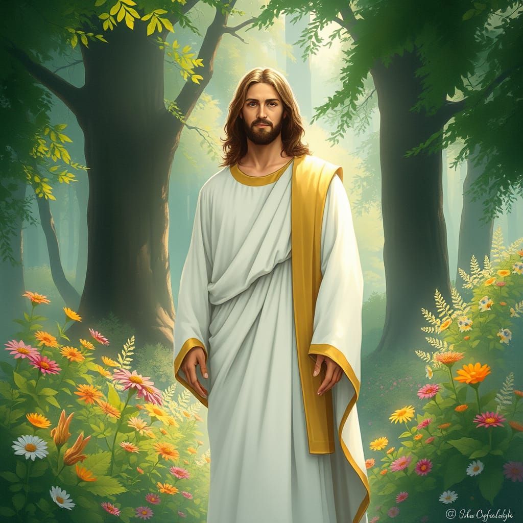 Serene Jesus in a Lush Sacred Grove