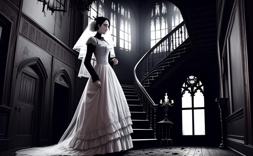Ghost Bride in Abandoned Mansion: Macabre Oil Painting