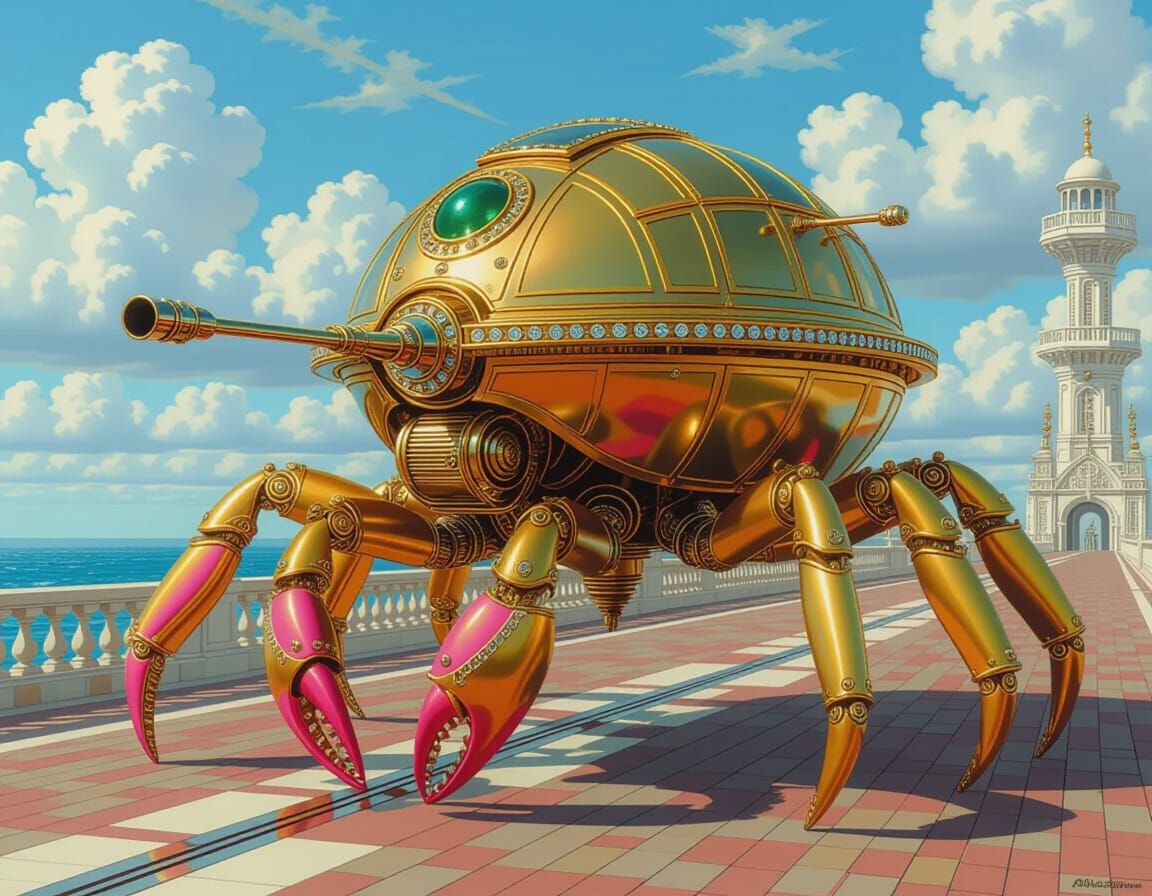 Glistening Jeweled Robot Warrior on Spaceship Bridge