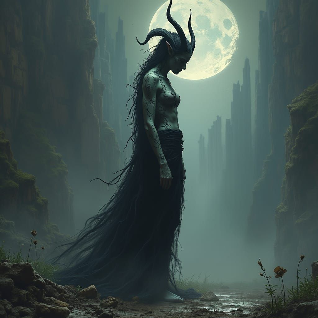 Mystical Demon Maiden in Eerie Glitch Art Realm