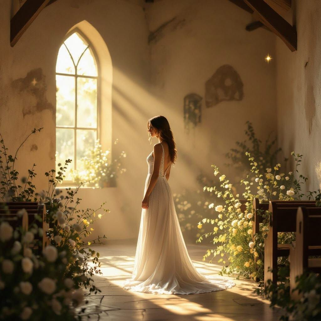 Ethereal Woman in Chapel: Digital Art