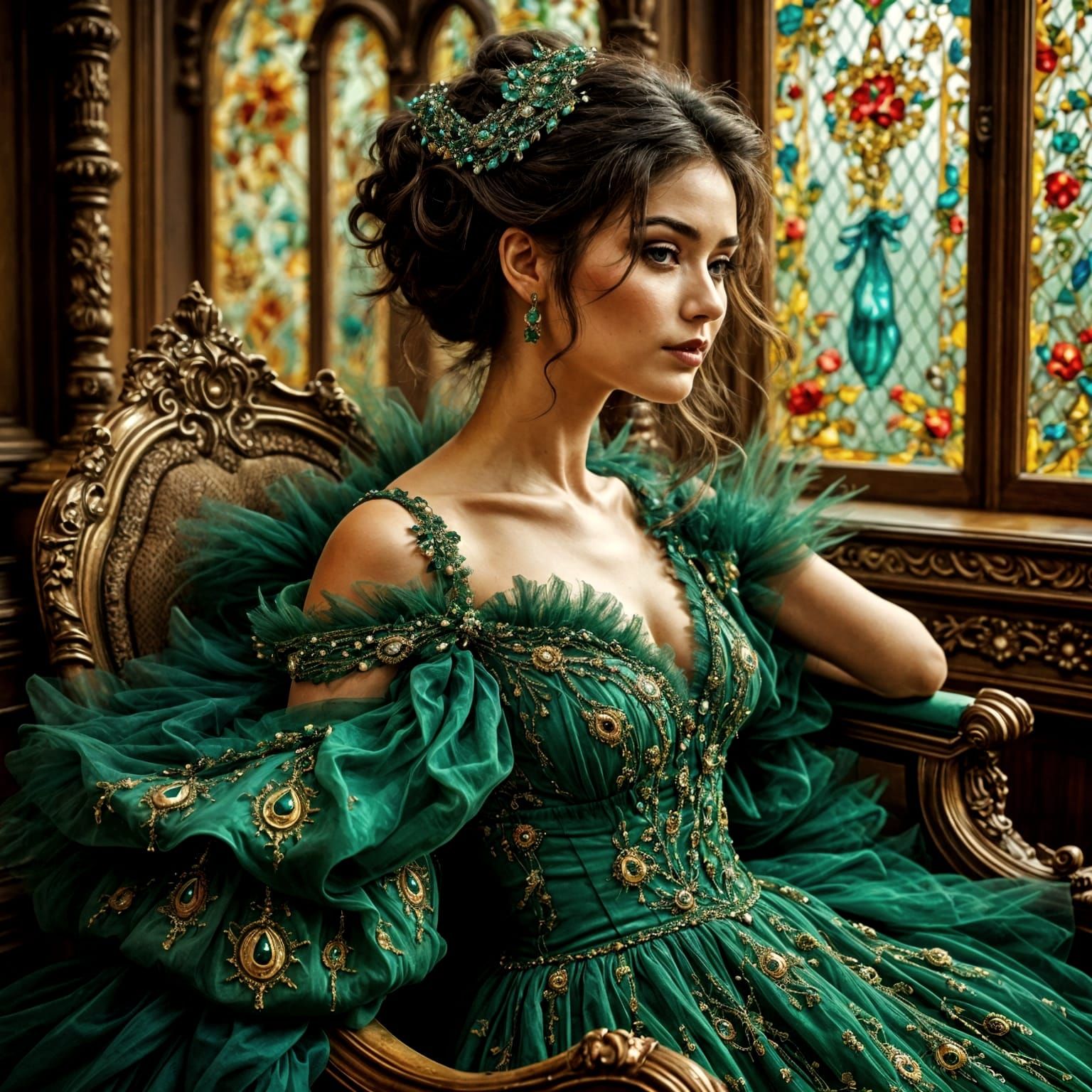 Woman in Emeralds and Peacock Gown in Ornate Ballroom