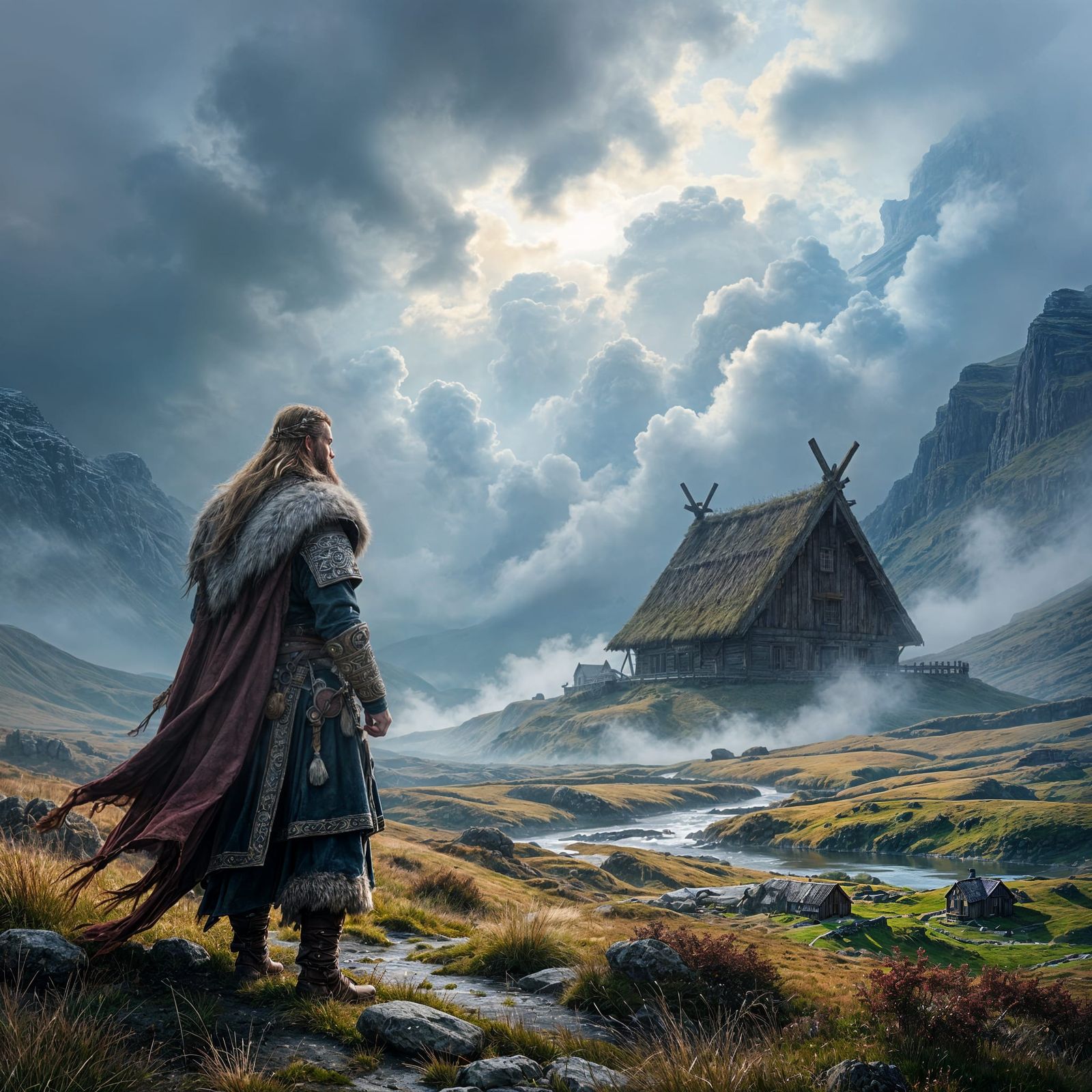 Viking Man on Moor Overlooking Longhouse in Stormy Light