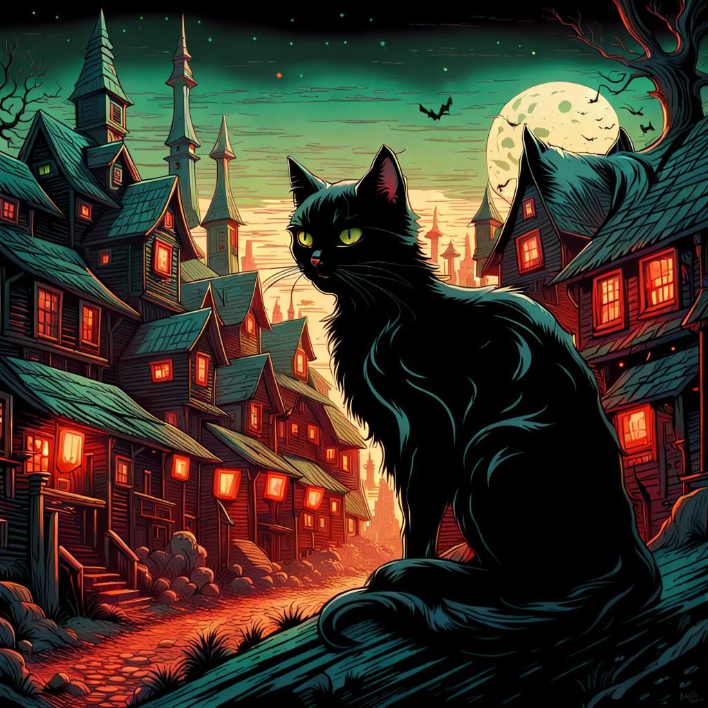 Black Cat in Spooky Village, Hyperrealistic Style