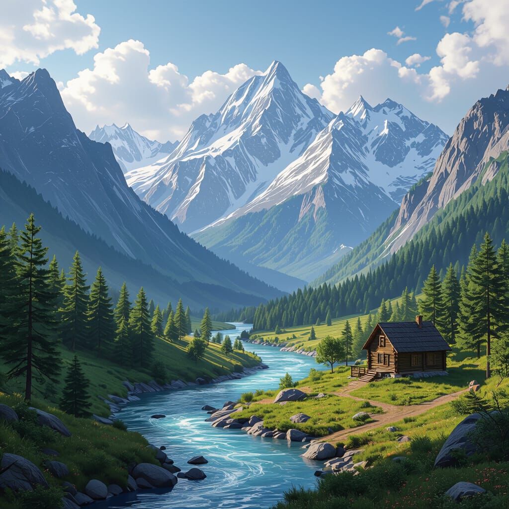 Majestic Mountain Landscape with River and Cabin