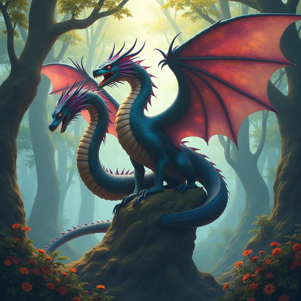 Three-Headed Serpent with Bird Wings, Fantasy Art