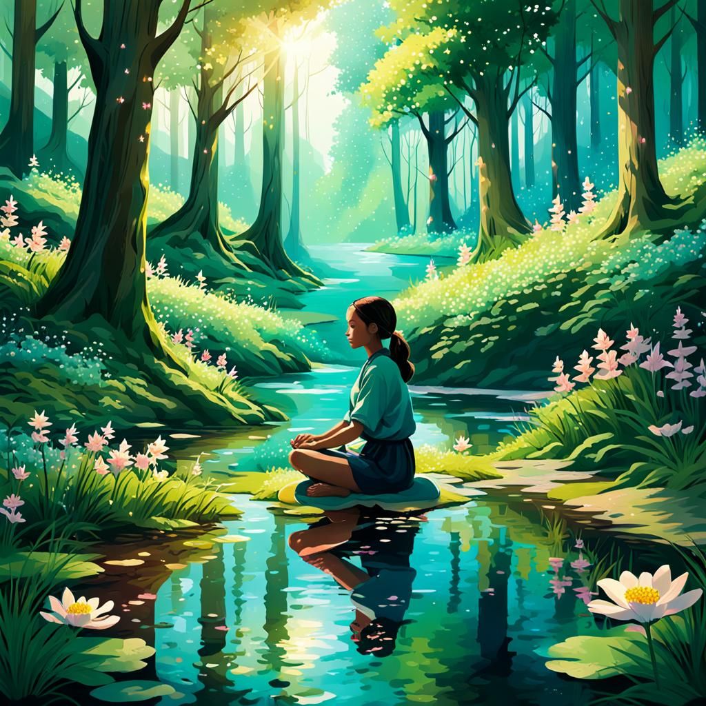 Woman's Introspection in Nature: Digital Art Illustration