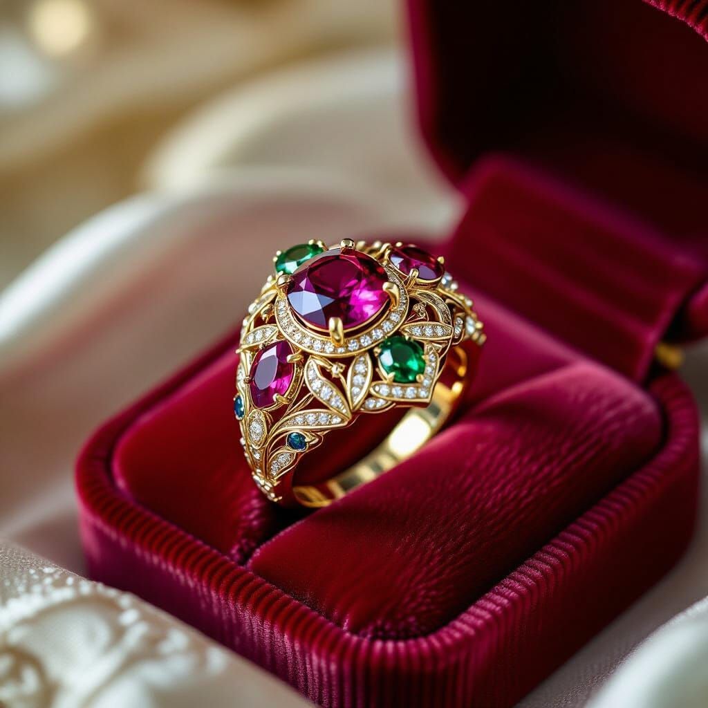 Ornate Gemstone Ring on Velvet Pillow, Art Nouveau Style