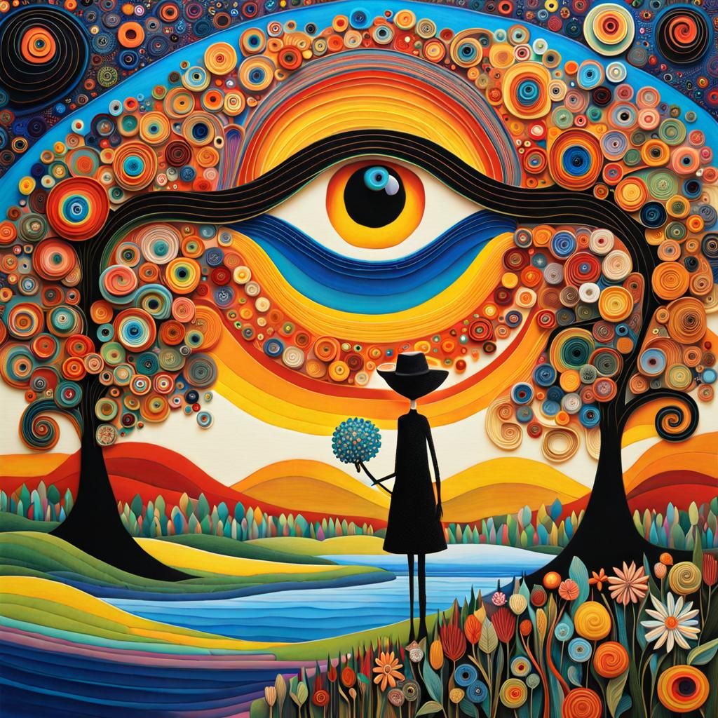 Psychedelic Stick Figure with Swirling Sky, Digital Art