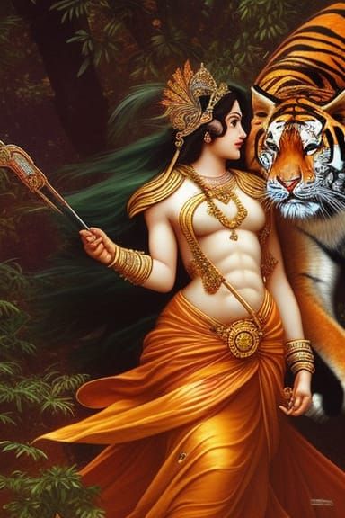 Goddess Durga on Tiger: Renaissance Fantasy Digital Art