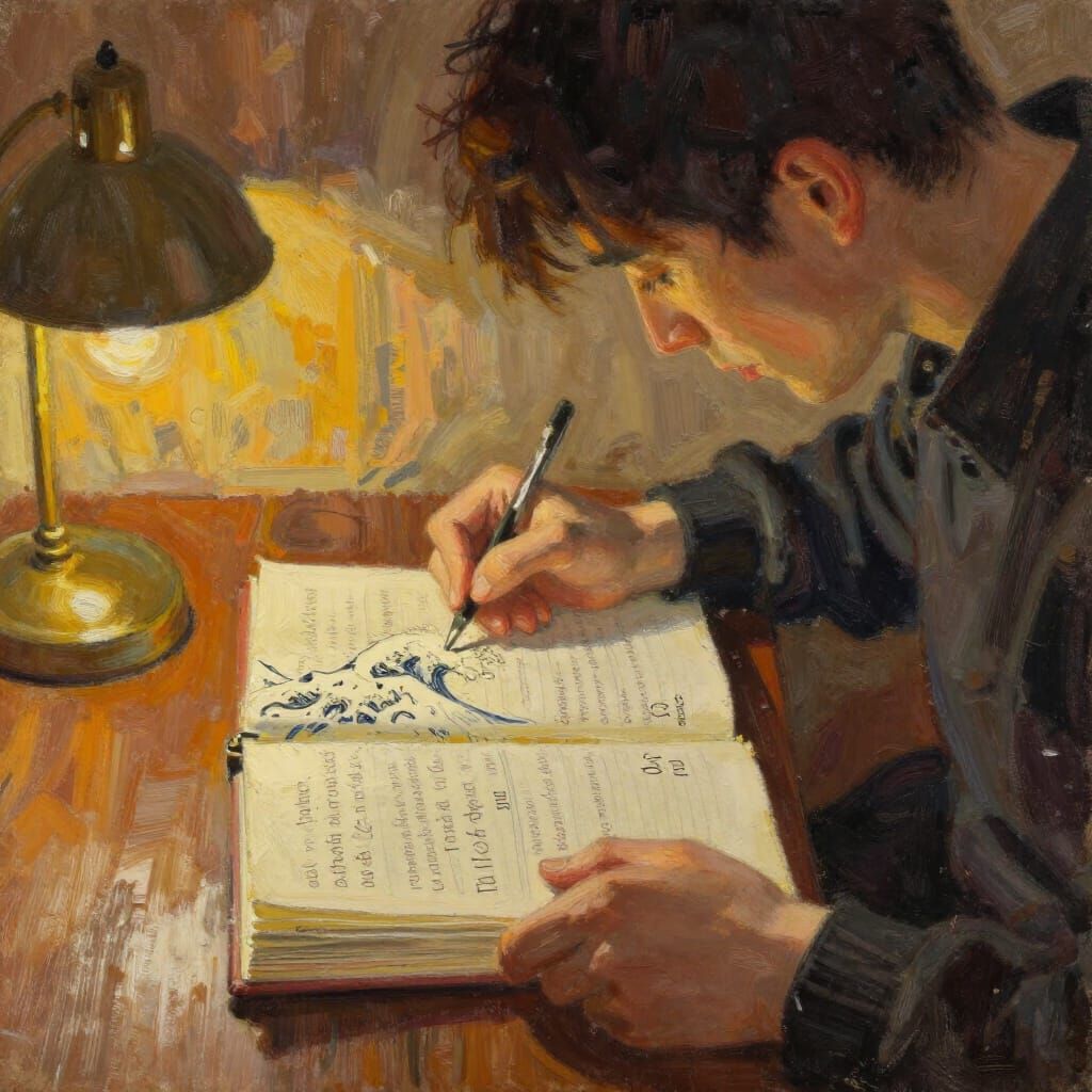 Person Reading and Writing in Warm Lamp Glow