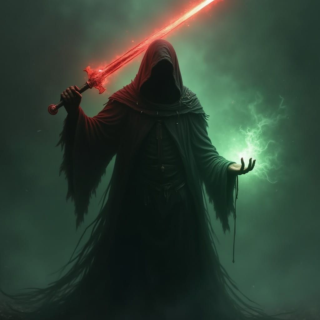 Heroic Figure Radiates Mystical Power with Crimson Sword and...