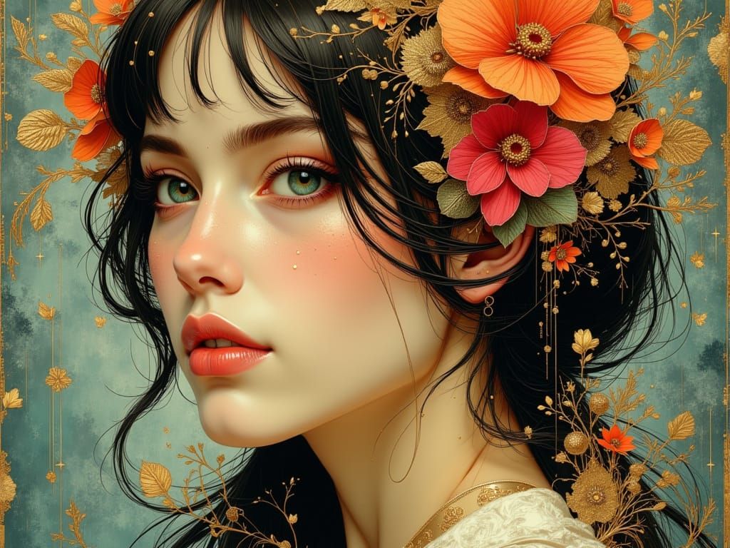 Ethereal Orchid Lady Portrait in Art Nouveau Style