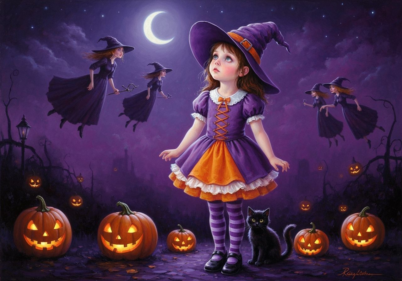 Witch Girl With Kitten Gazes At Flying Witches Under Crescen...