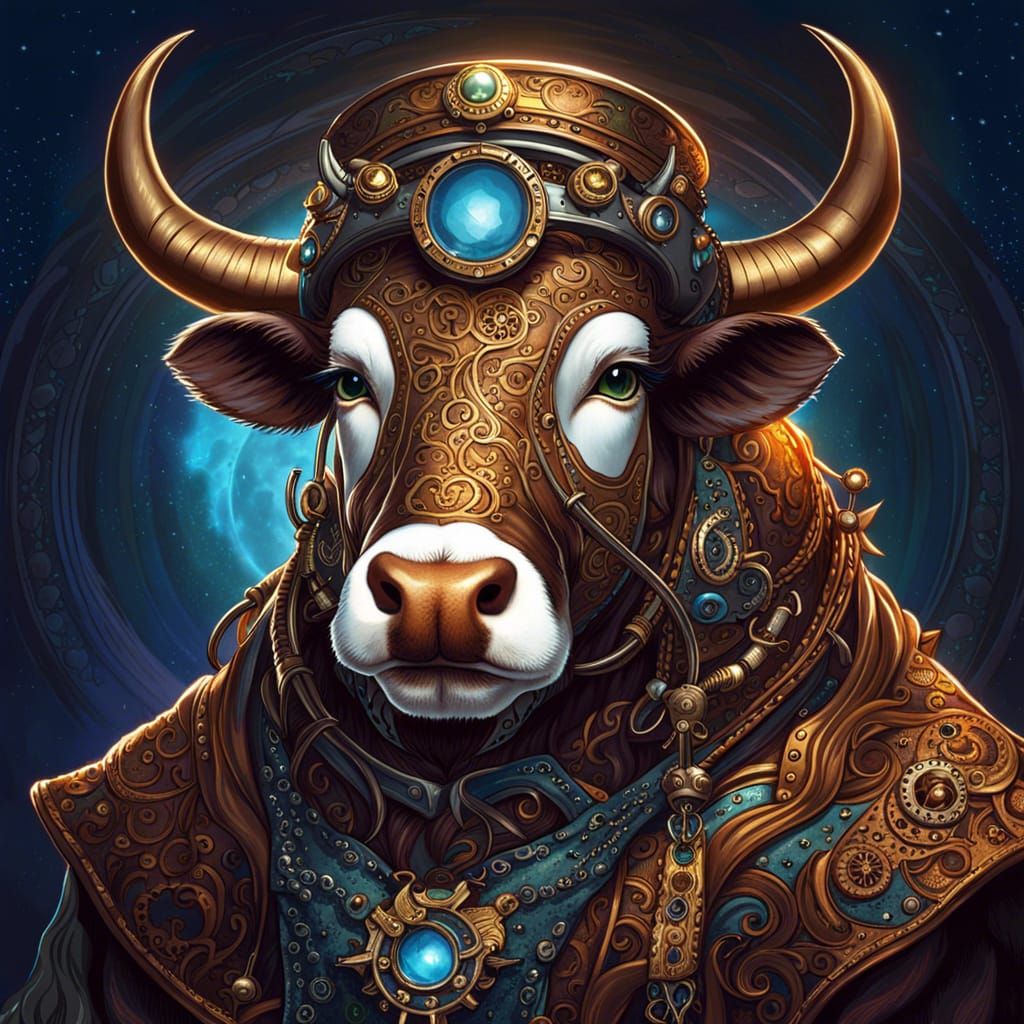 Steampunk Sorcerer Cow Portrait on Moonlit Street