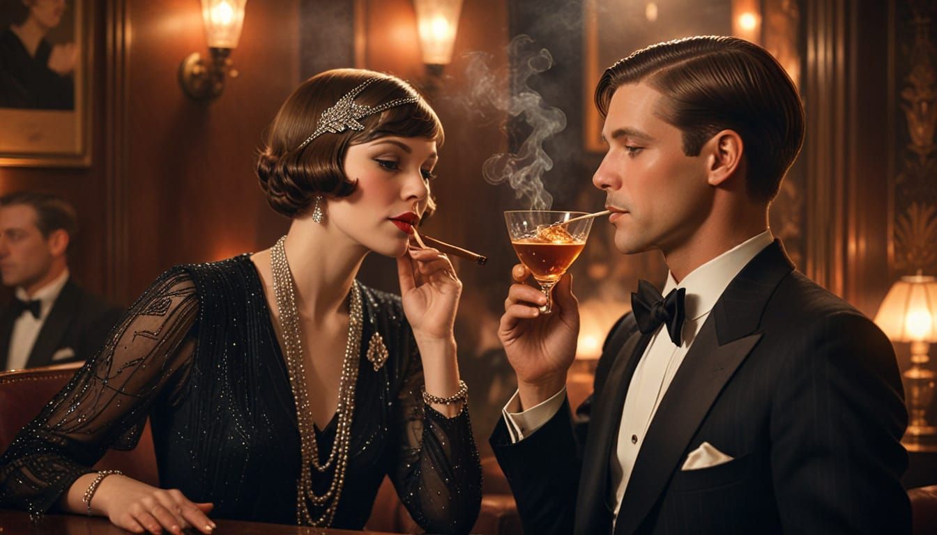 Flapper and Patron in Art Deco Speakeasy