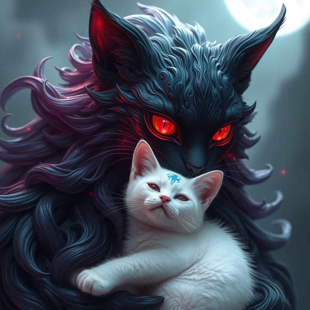 Celestial Feline Guardian in Vibrant, Iridescent Black Fur