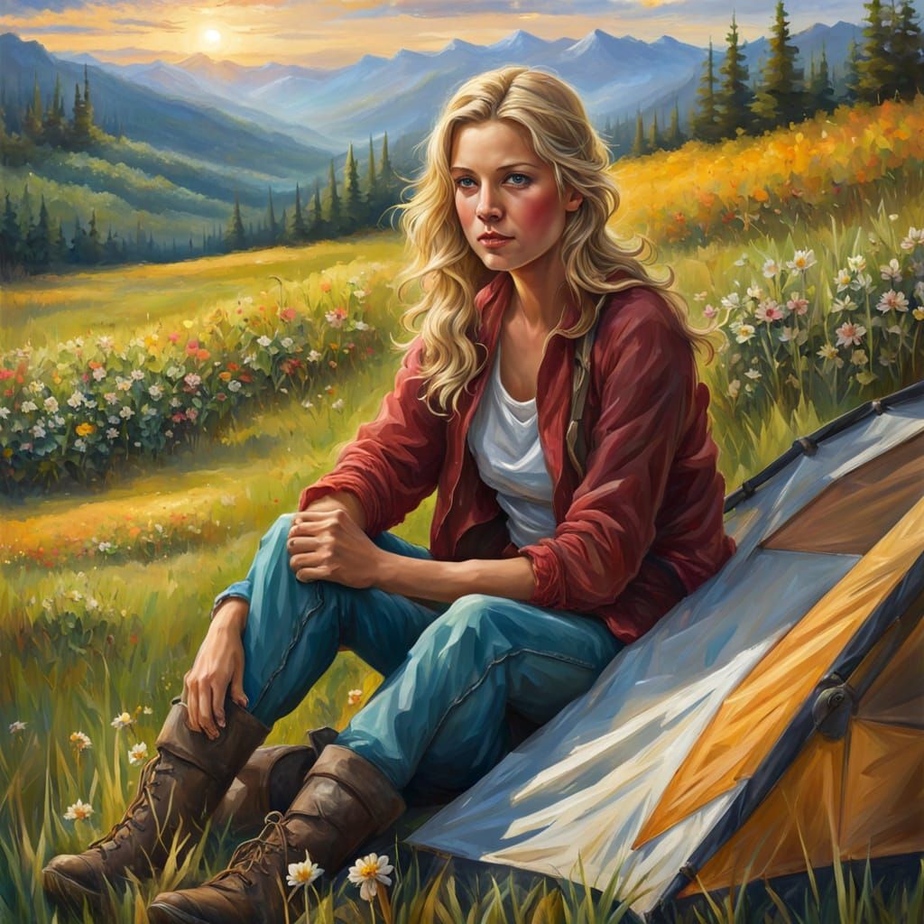 Blonde Backpacker and Tent in Spring Mountain Field - Impres...