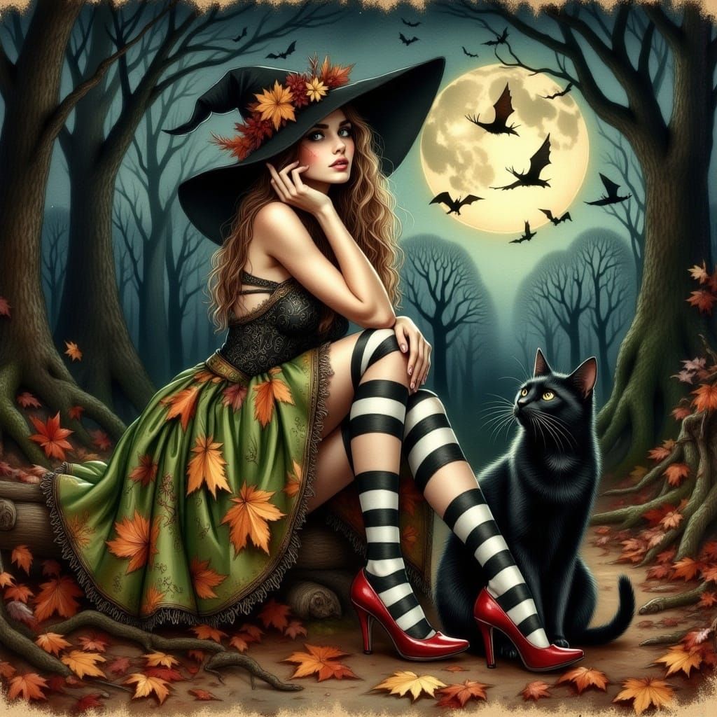 Whimsical Portrait of Woman with Cat in Naive Art Style