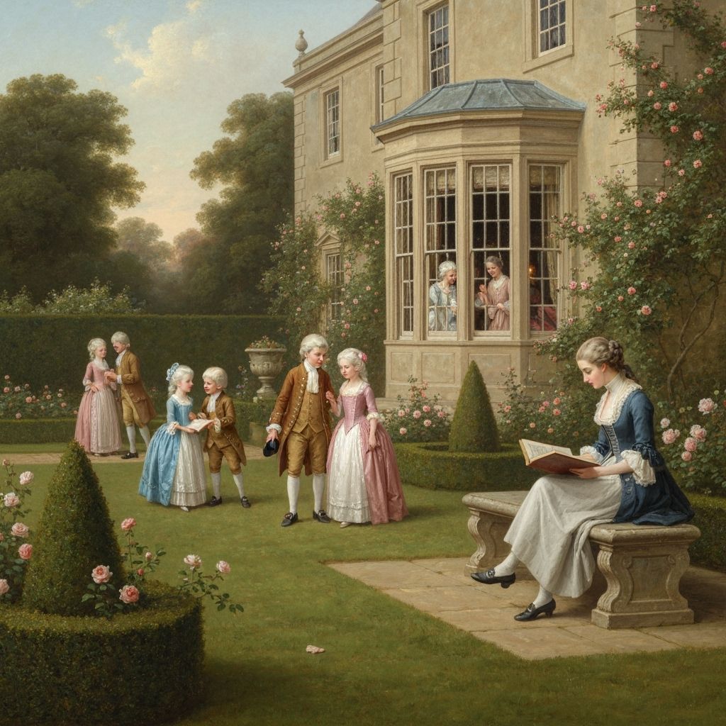 Georgian Manor Children Play in Garden Oil Painting