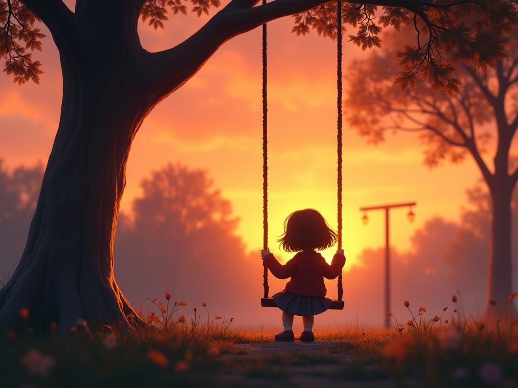 Serene Village Park at Sunset with Lonely Girl on Swing