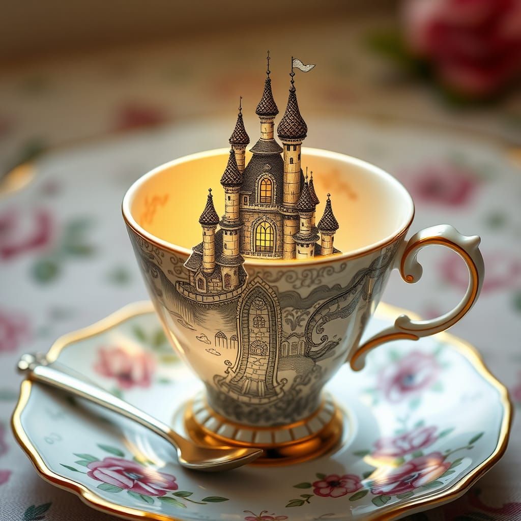 Zentangle Castle in Teacup, Surreal Dreamscape