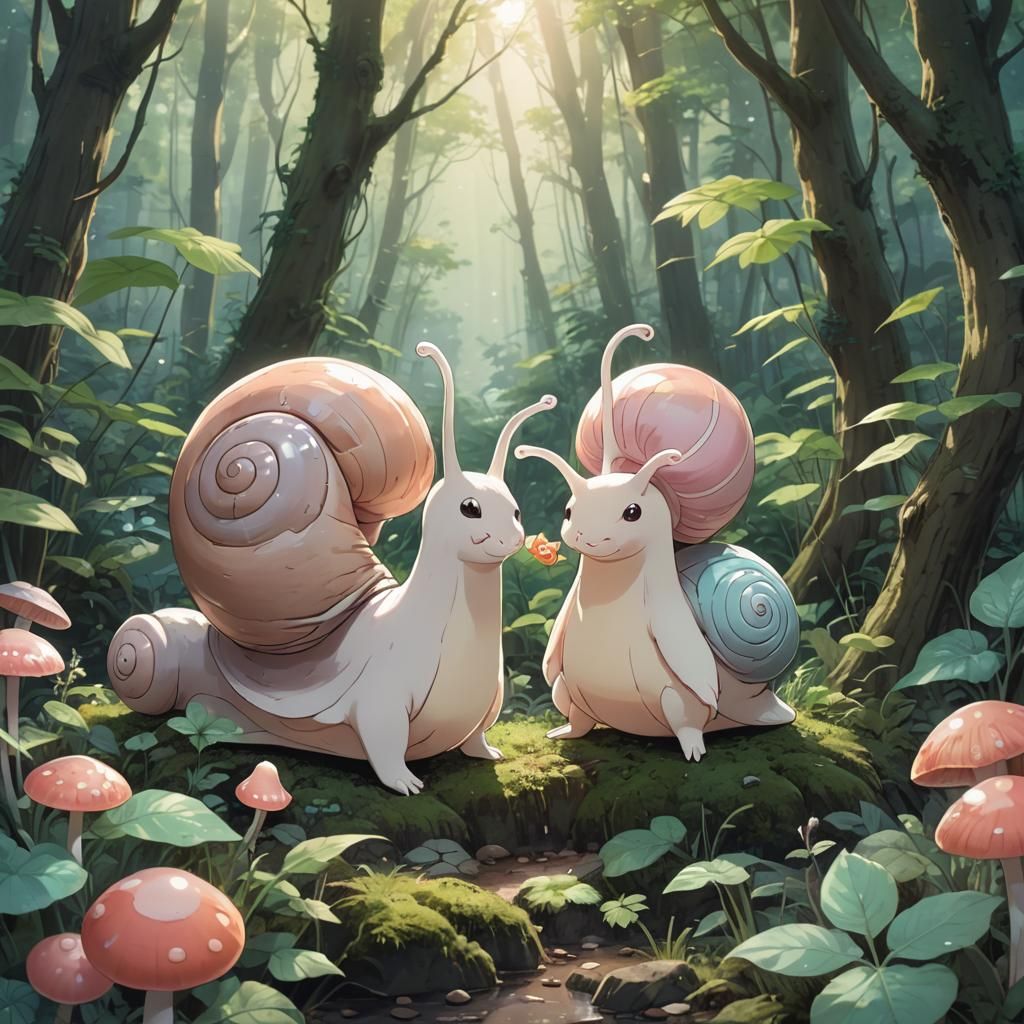 Anime Snails in Harmonious Nature Scene