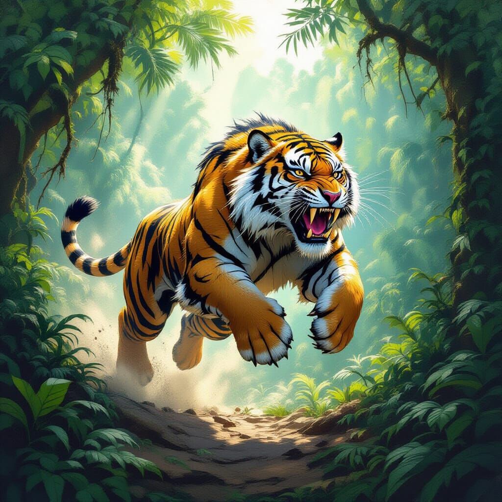 Saber-Toothed Tiger Leaping in a Prehistoric Jungle
