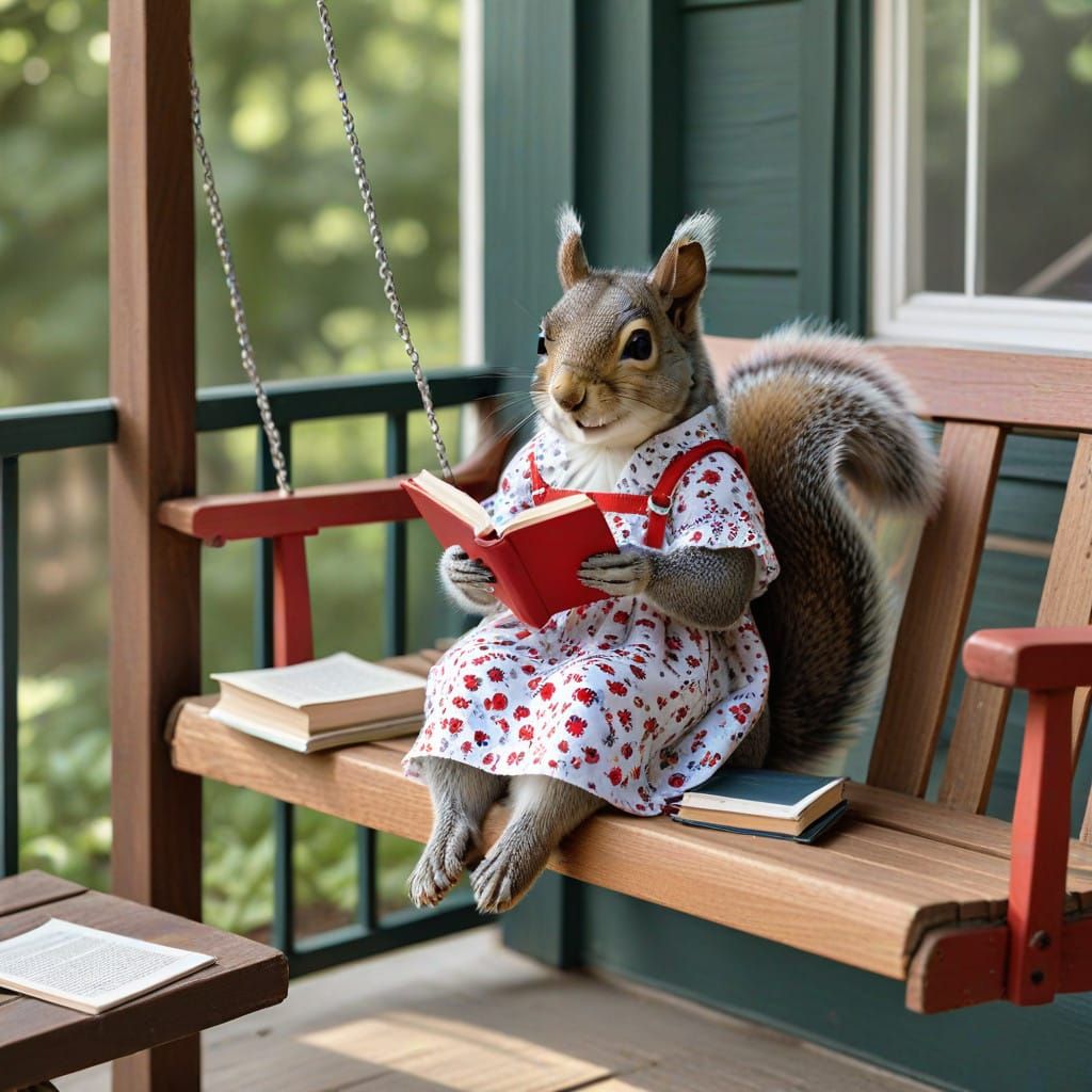 Whimsical Porch Scene with Squirrel Reading